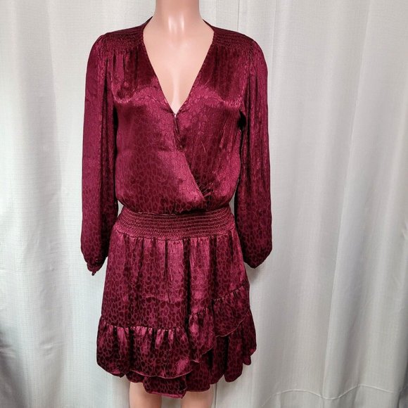 Michael Kors Julia Faux Wrap Ruffle Hem Mini Dress Size M Dark Ruby Cheetah NWT - Picture 1 of 12